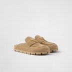 Suede Rubber Sabots – the enameled metal triangle logo embellishes the upper, while the rubber sole – LUX VERSE Luxury Designer Fashion Outlet