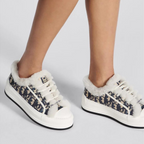 Walk'n'Platform Sneaker Cotton Shearling – the deep blue Oblique embroidered cotton upper is enhanced by white shearling lining – LUX VERSE Luxury Designer Fashion Outlet
