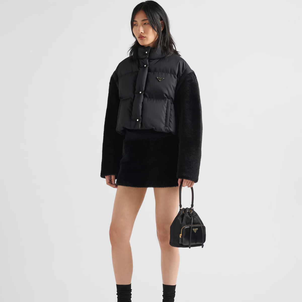 Re-Nylon Down Cropped Jacket – the enameled metal triangle logo completes the modern design with an iconic touch – LUX VERSE Luxury Designer Fashion Outlet