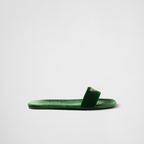 Flat velvet slides – enameled metal triangle logo Monoblock leather sole, 05 mm, with hot-stamped logo – LUX VERSE Luxury Designer Fashion Outlet