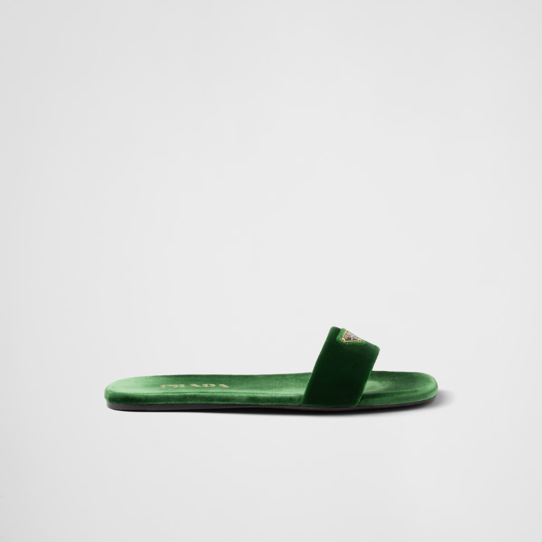 Flat velvet slides – enameled metal triangle logo Monoblock leather sole, 05 mm, with hot-stamped logo – LUX VERSE Luxury Designer Fashion Outlet