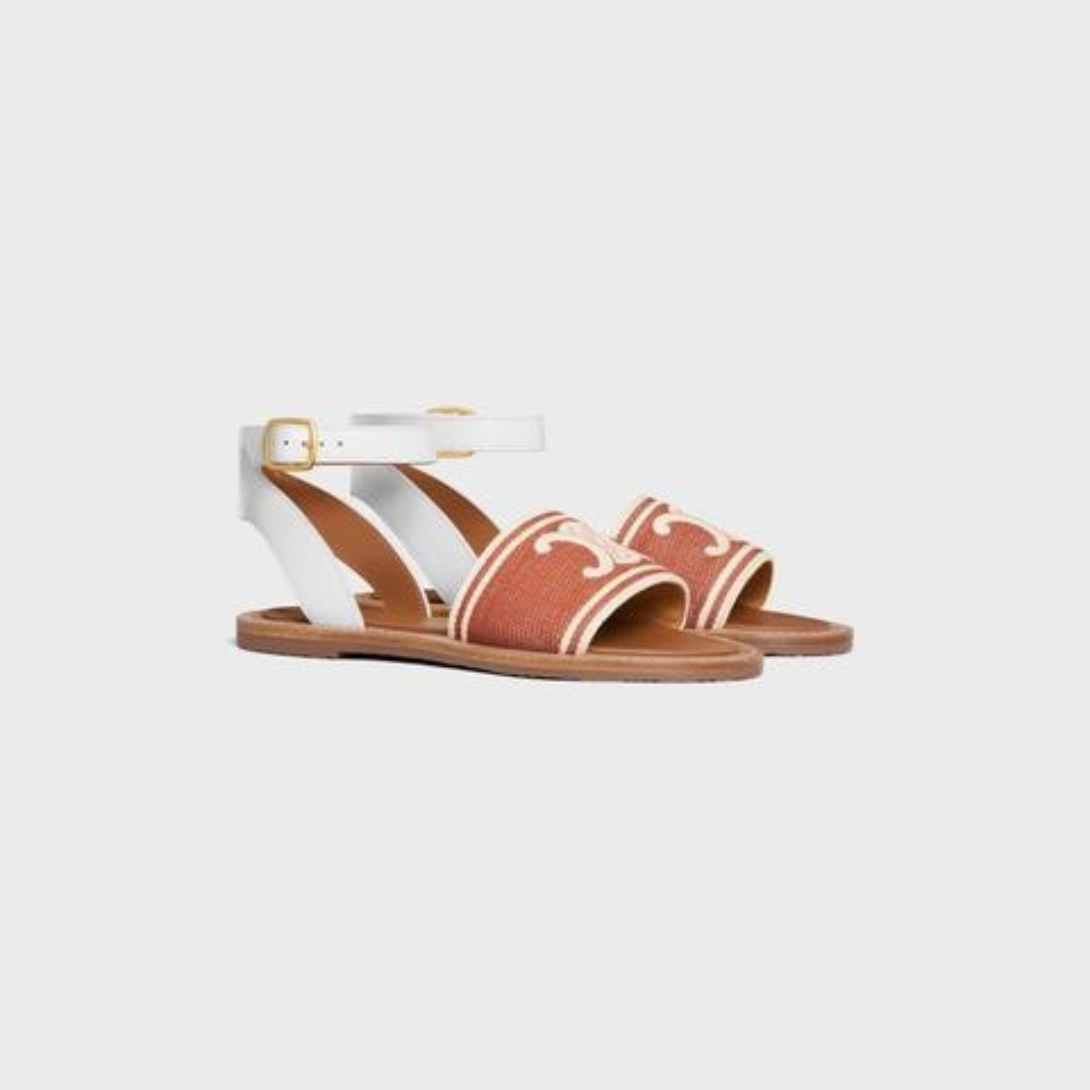 LYMPIA SANDAL in TRIOMPHE JACQUARD CANVAS & CALFSKIN – lining0.6 IN (15 MM) heelROUND TOE SHAPEENGRAVED ADJUSTABLE BUCKLESLIGHTY – LUX VERSE Luxury Designer Fashion Outlet