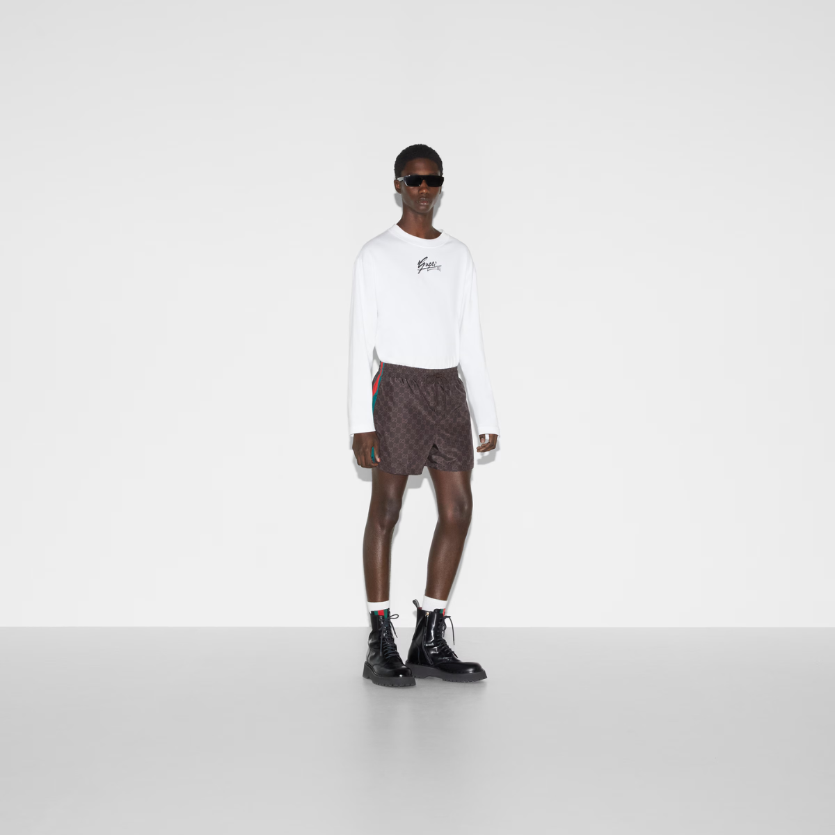 GG nylon swim short with Web – these shorts are made from a GG nylon and feature a green and red Web print – LUX VERSE Luxury Designer Fashion Outlet
