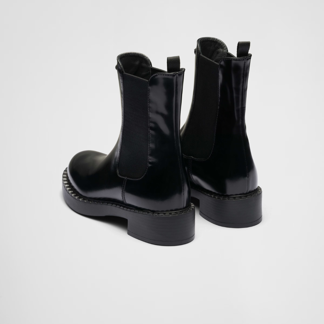 Brushed leather booties – upper with elasticized side gusset and pull tab on the back Leather lining Enameled – LUX VERSE Luxury Designer Fashion Outlet
