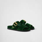 Velvet slides – upper with metal buckle Enameled metal triangle logo Rubber sole, 10 mm – LUX VERSE Luxury Designer Fashion Outlet
