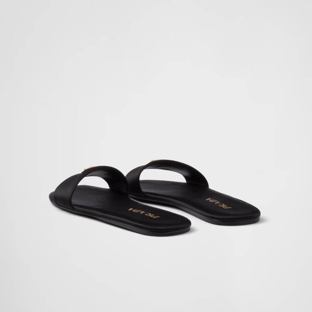 Satin slides – enameled metal triangle logo Monoblock leather sole, 5 mm, with hot-stamped logo – LUX VERSE Luxury Designer Fashion Outlet