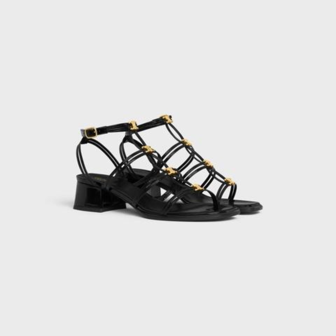 CLEMENCE MULTI TRIOMPHE SANDAL in GLOSSY CALFSKIN – mM) heelWIDE SQUARED HEELALMOND TOE SHAPEFOUR METAL TRIOMPHE ON THE UPPERADJUSTABLE – LUX VERSE Luxury Designer Fashion Outlet