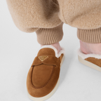 Suede and shearling mules – upper with leather band Enameled metal triangle logo Rubber sole, 25 mm – LUX VERSE Luxury Designer Fashion Outlet