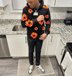 Black Cotton Floral Print Pullover - Men's