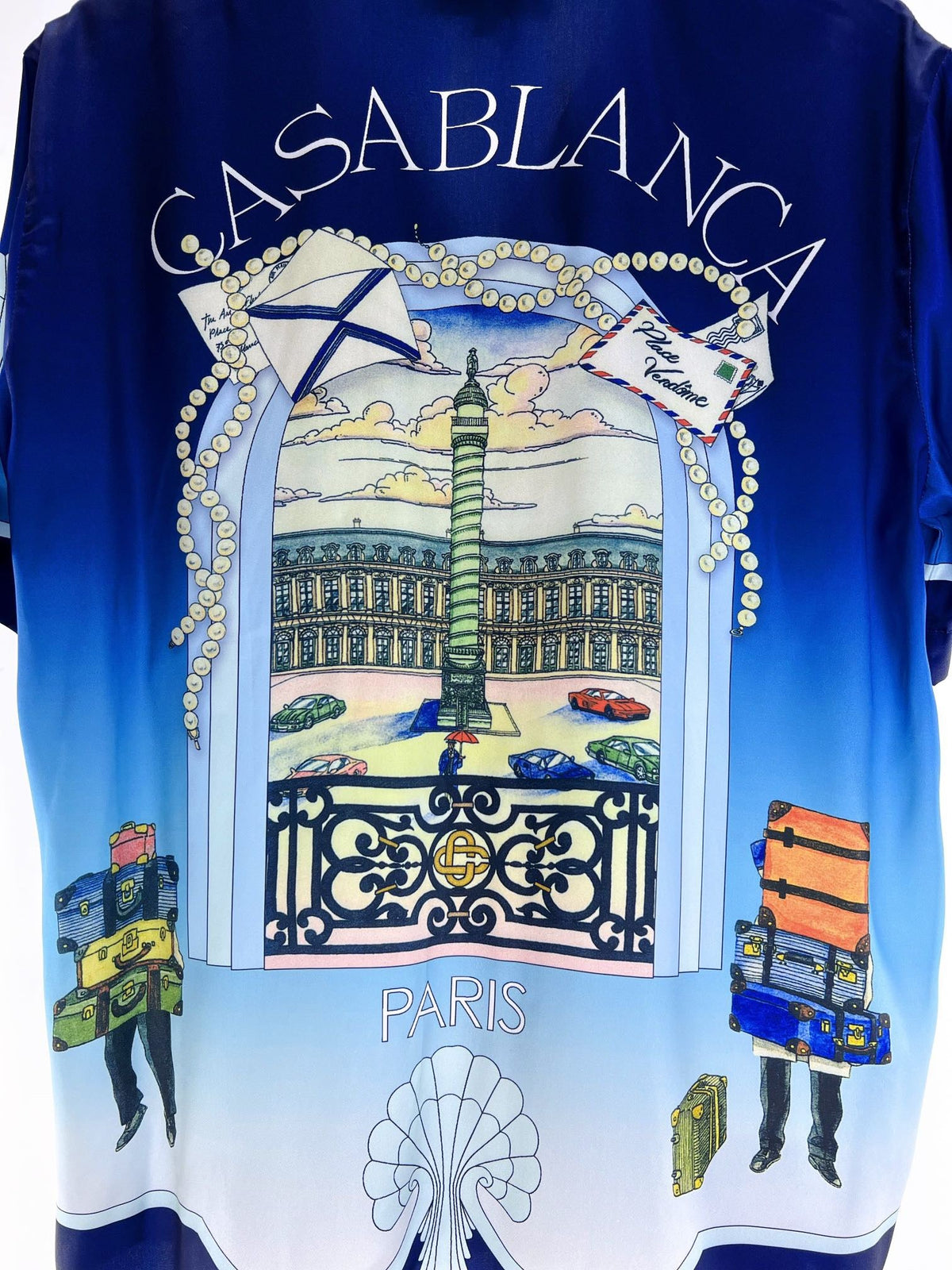 Blaues Gradient-Seidenhemd mit Pfauenmotiv – Herren