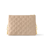 Sleek Side Coussin PM – with a chunky engraved golden chain and a textile strap, both of which are – LUX VERSE Luxury Designer Fashion Outlet