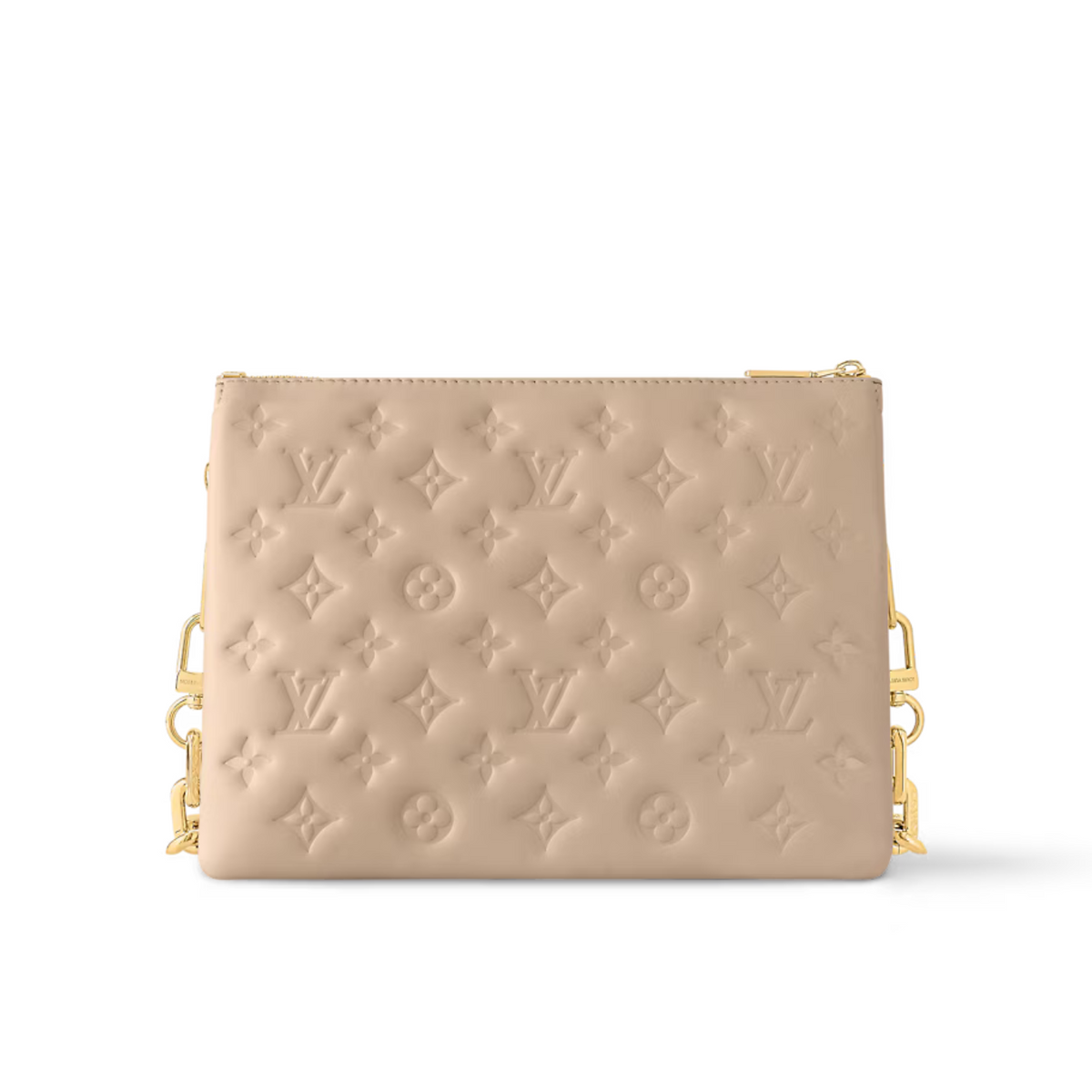 Sleek Side Coussin PM – with a chunky engraved golden chain and a textile strap, both of which are – LUX VERSE Luxury Designer Fashion Outlet