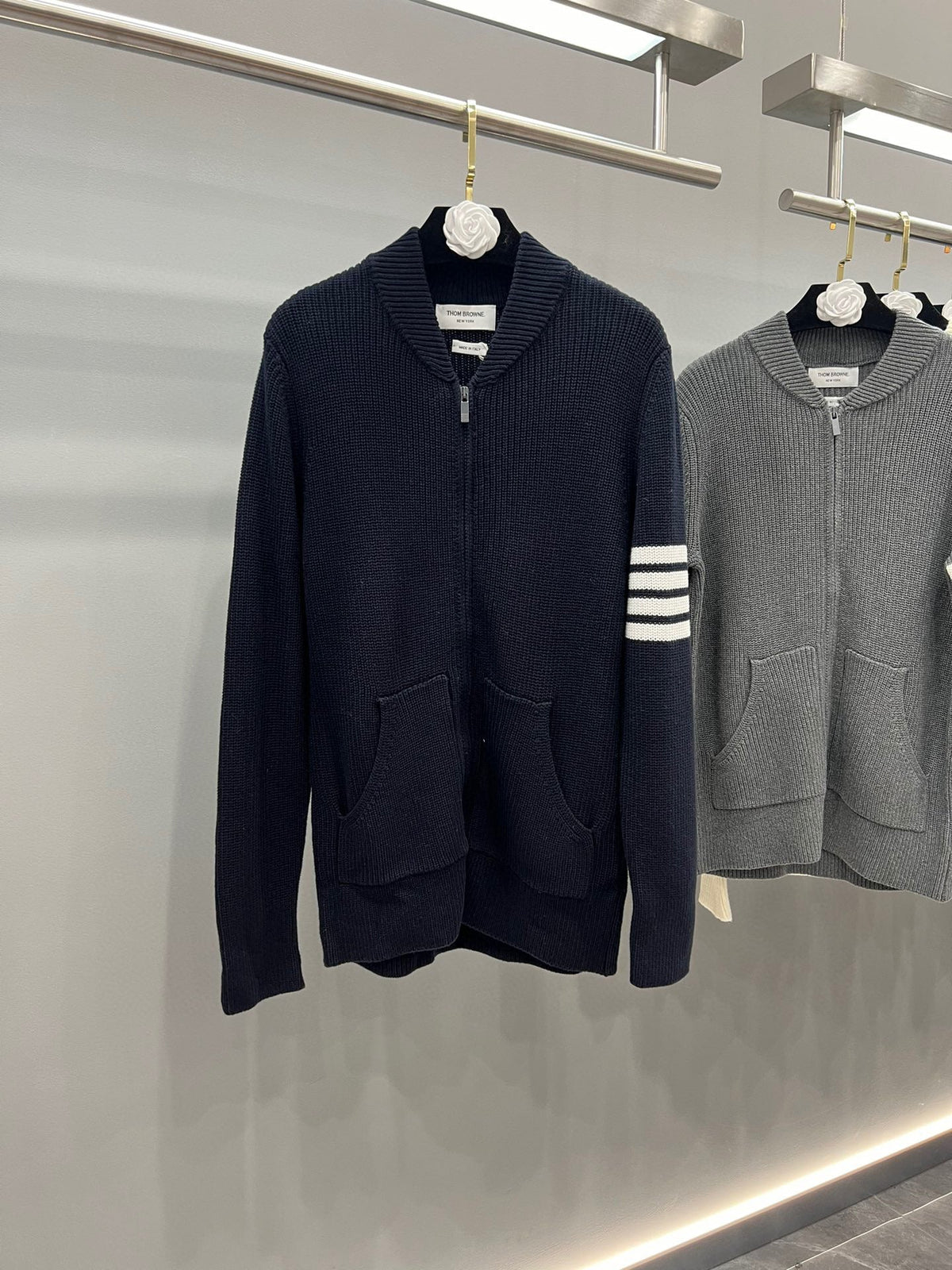 4-Bar Knit Zip Grey Sweater - Men's