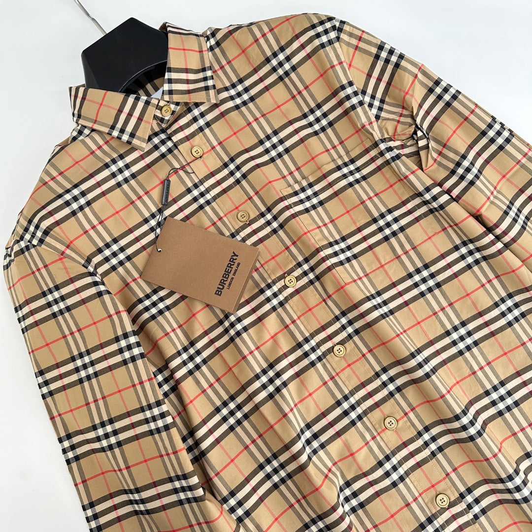 Beige Baumwoll-Langarmshirt mit Vintage Check – Herren