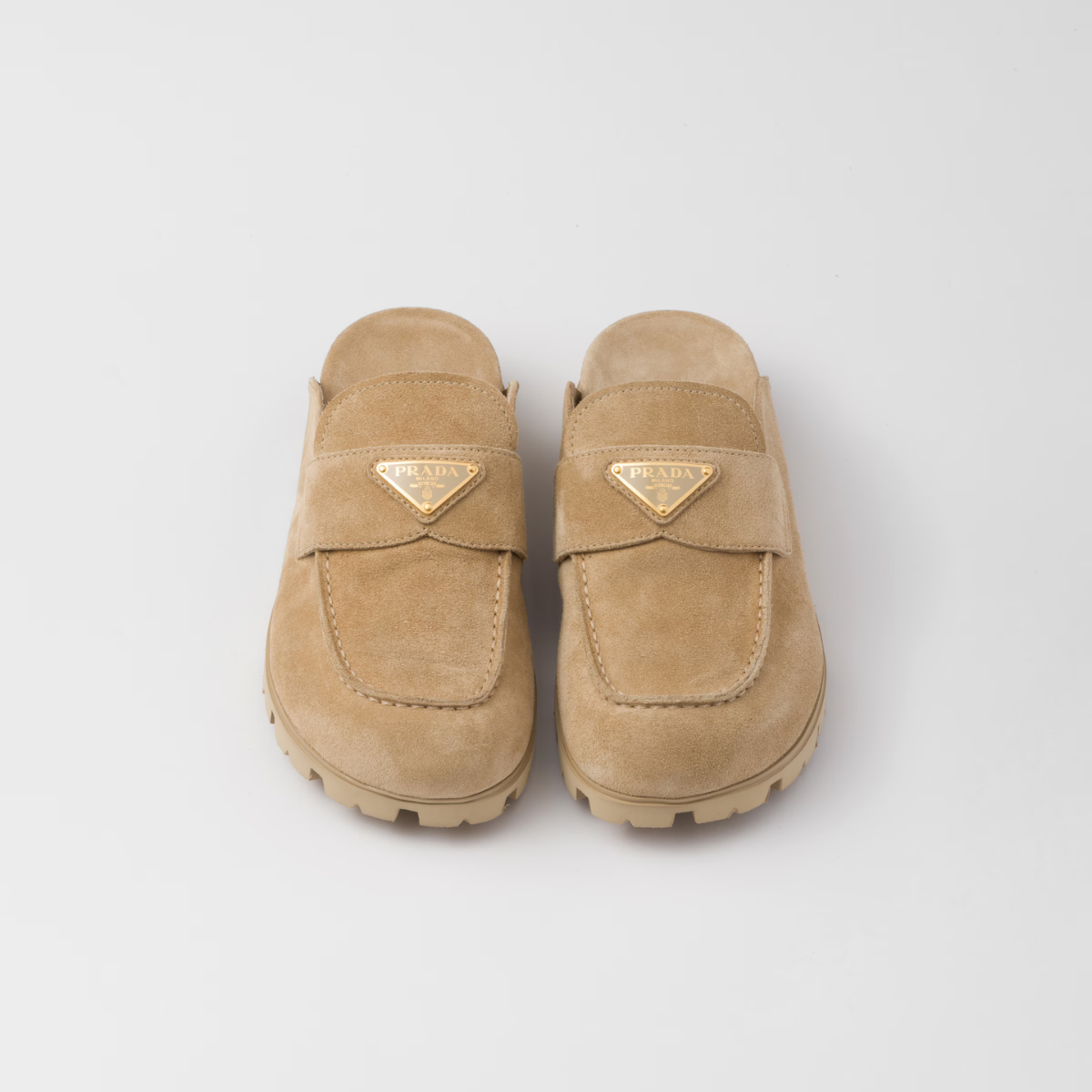 Suede Rubber Sabots – upper with leather band Leather lining Enameled metal triangle logo Rubber sole, 20 – LUX VERSE Luxury Designer Fashion Outlet