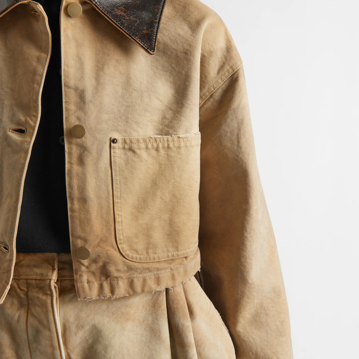 Cropped canvas jacket – unlined Leather collar Long sleeves Button closure Patch pockets Garment dyed – LUX VERSE Luxury Designer Fashion Outlet