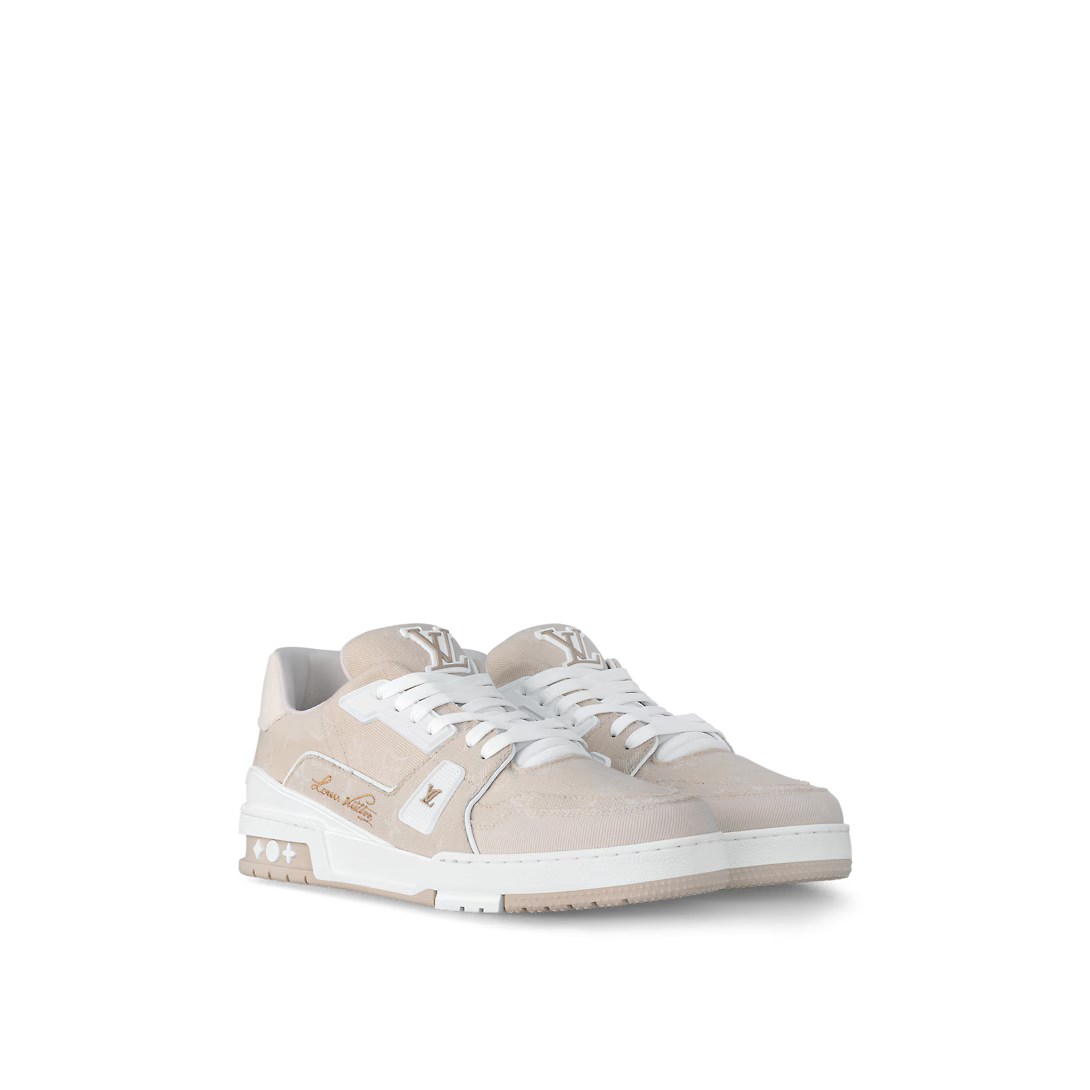 Trainer Sneaker Rubber Outsole – this version of the Trainer sneaker comes in a patchwork of Monogram denim with – LUX VERSE Luxury Designer Fashion Outlet