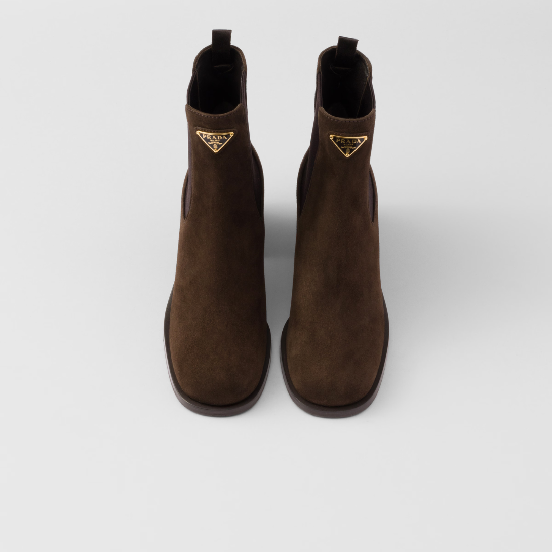 Suede booties – upper with elasticized side gusset and pull tab on the back Leather lining Enameled – LUX VERSE Luxury Designer Fashion Outlet