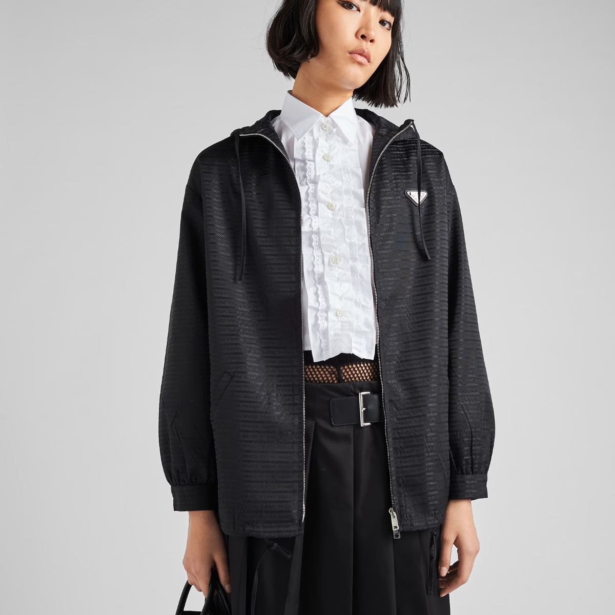 Re-Nylon hooded blouson jacket – lined Hooded collar Long sleeves Buttoned cuffs Zipper closure Welt pockets Enameled – LUX VERSE Luxury Designer Fashion Outlet