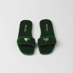 Flat velvet slides – the flat, sleek silhouette with square toe is completed by the iconic signature – LUX VERSE Luxury Designer Fashion Outlet