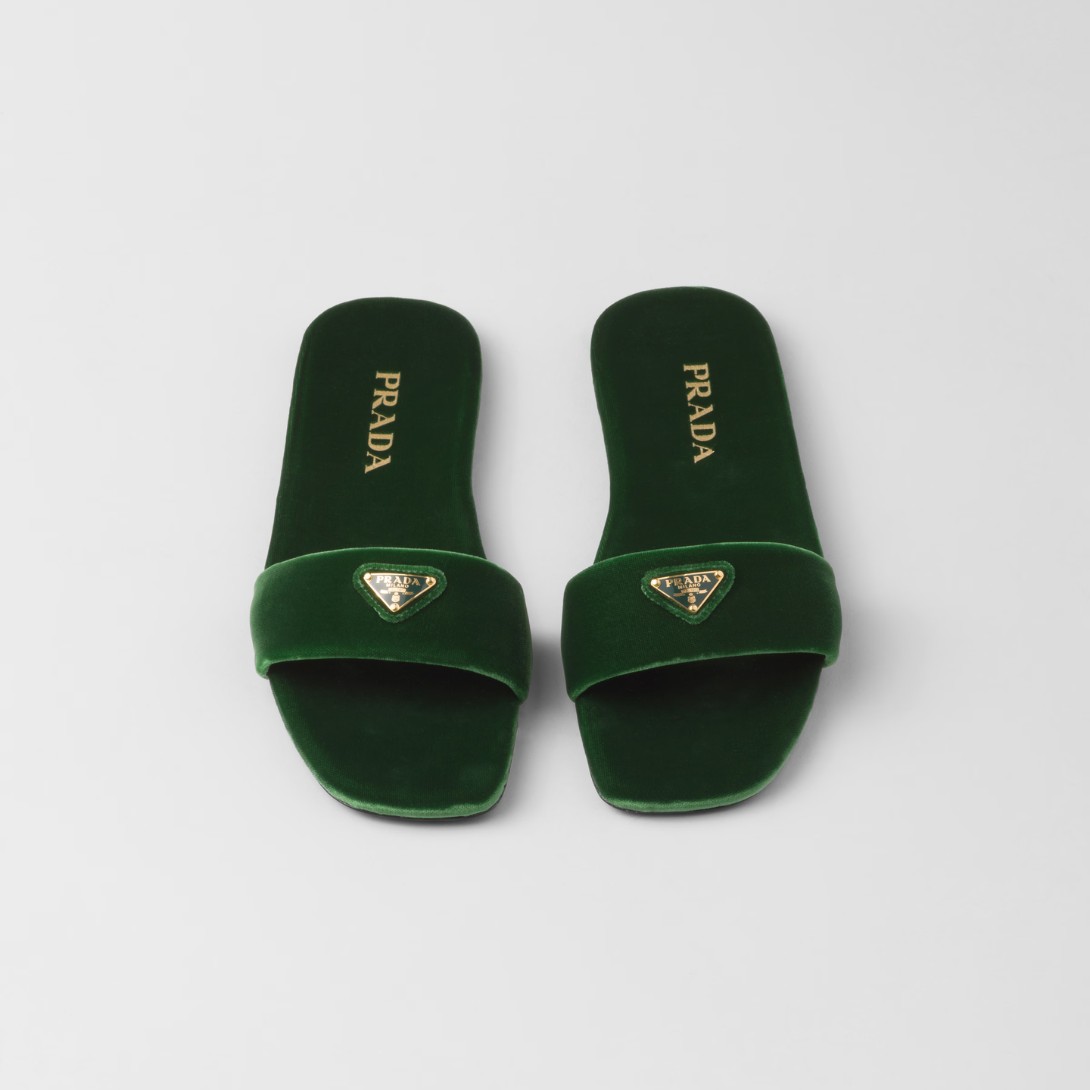 Flat velvet slides – the flat, sleek silhouette with square toe is completed by the iconic signature – LUX VERSE Luxury Designer Fashion Outlet