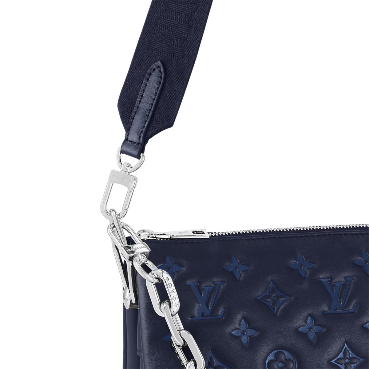 Coussin PM Marine Blue – fashioned from puffy lambskin and accessorized with a chunky silver-color chain, – LUX VERSE Luxury Designer Fashion Outlet