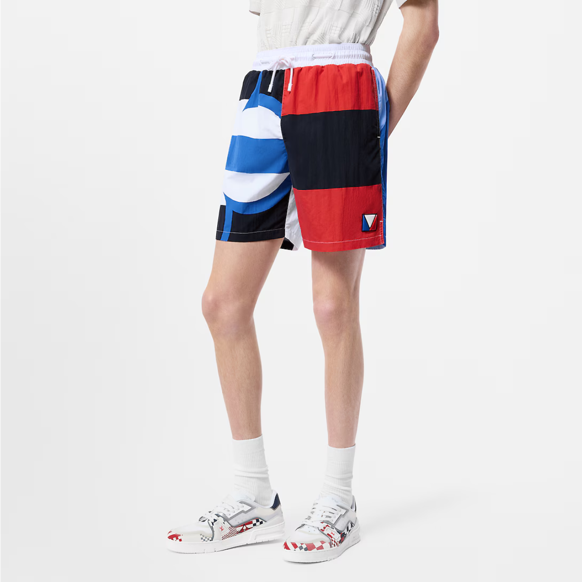 Printed Graphic Swim Shorts – regular Fit Monogram Scarf print allover Gaston rubber signature on left leg – LUX VERSE Luxury Designer Fashion Outlet
