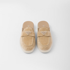Suede mules – upper with leather band Leather lining Enameled metal triangle logo Rubber sole – LUX VERSE Luxury Designer Fashion Outlet