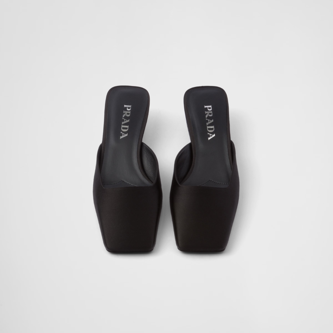Satin mules – the essential, iconic geometric shape of triangle inspires the design of the heel – LUX VERSE Luxury Designer Fashion Outlet