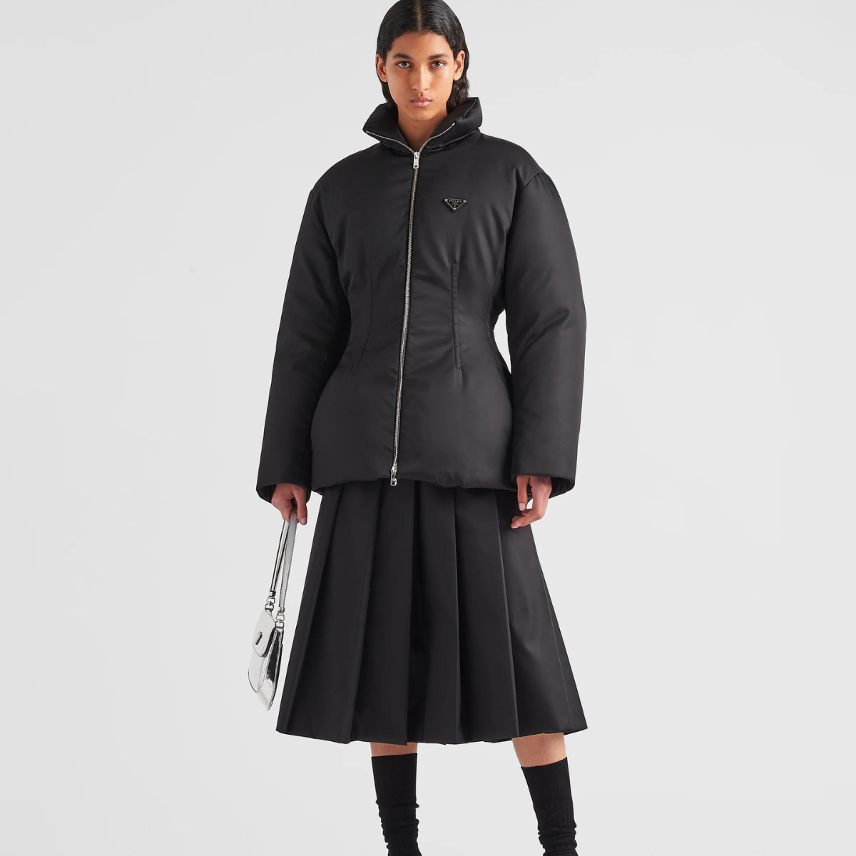 Re-Nylon down iconic jacket – medium weight Goose down padding Stand-up collar Long sleeves Straight cuff Zipper – LUX VERSE Luxury Designer Fashion Outlet
