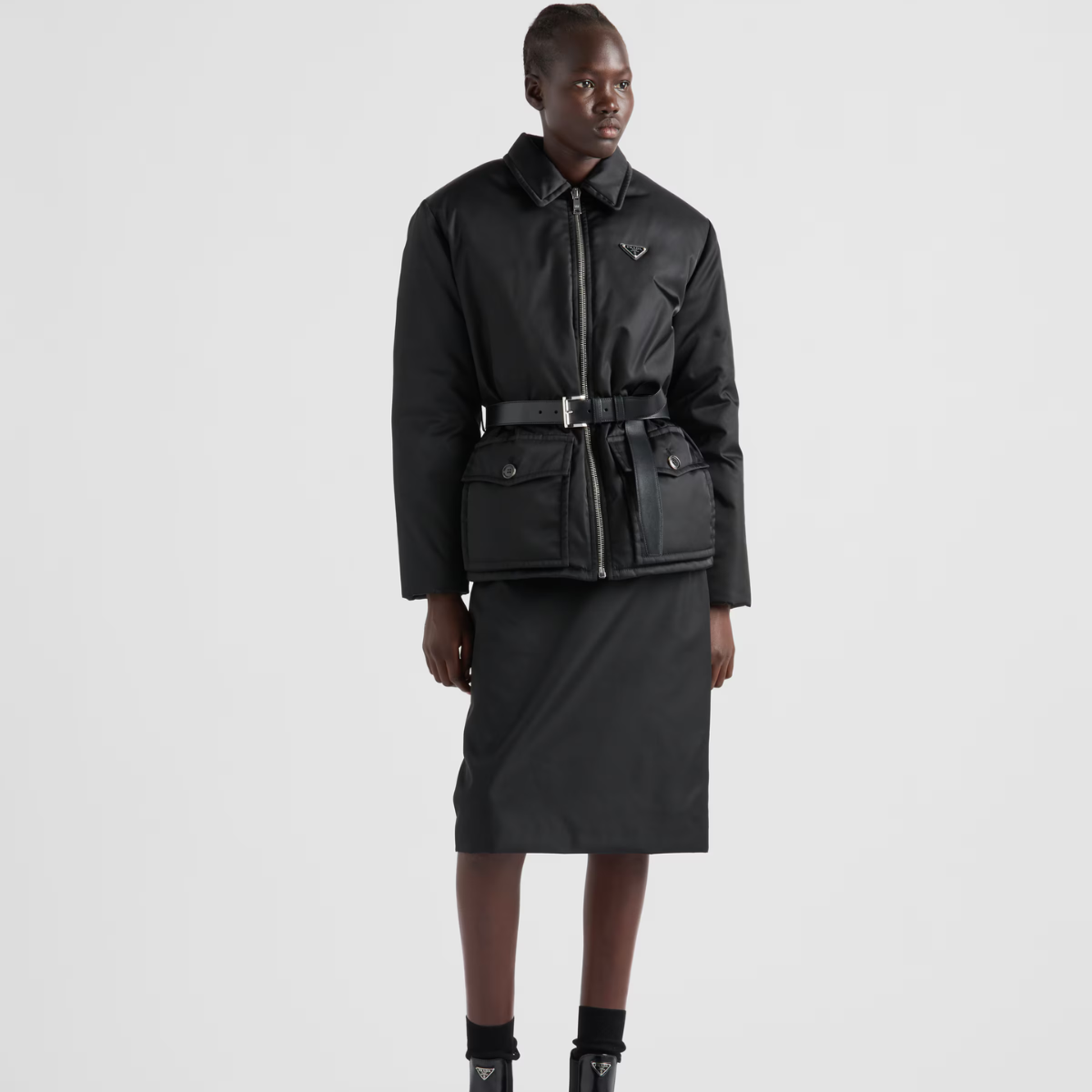 Re-Nylon down jacket with belt – goose down padding Shirt-style collar Long sleeves Straight cuff Zipper closure – LUX VERSE Luxury Designer Fashion Outlet