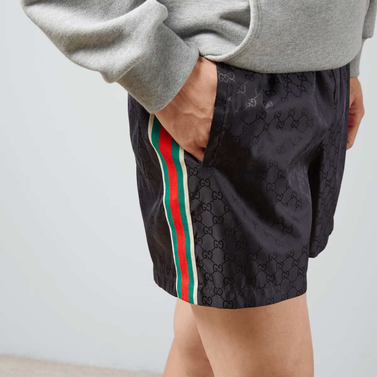 GG print nylon swim shorts – these jacquard nylon have a GG pattern and grosgrain Web stripe – LUX VERSE Luxury Designer Fashion Outlet