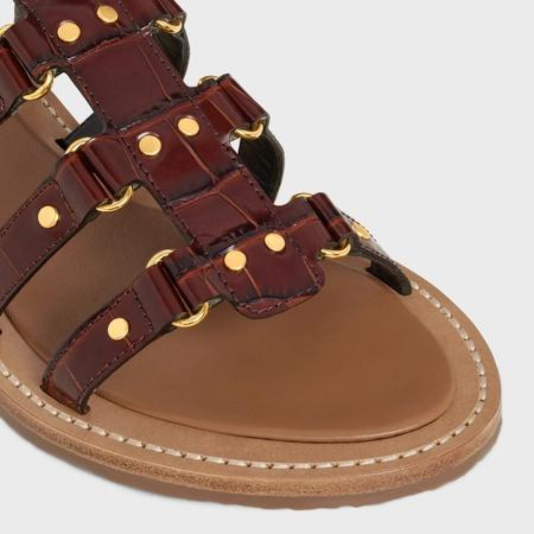 LYMPIA GLADIATOR SANDAL in CROCODILE STAMPED CALFSKIN – uPPERENGRAVED ADJUSTABLE BUCKLESLIGHTY PADDED LEATHER INSOLERUBBER OUTSOLE – LUX VERSE Luxury Designer Fashion Outlet