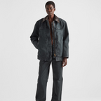 Canvas trucker jacket – lined with eco-padding Leather collar Long sleeves--Zipper and button closure – LUX VERSE Luxury Designer Fashion Outlet