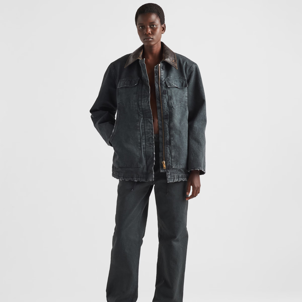 Canvas trucker jacket – lined with eco-padding Leather collar Long sleeves--Zipper and button closure – LUX VERSE Luxury Designer Fashion Outlet