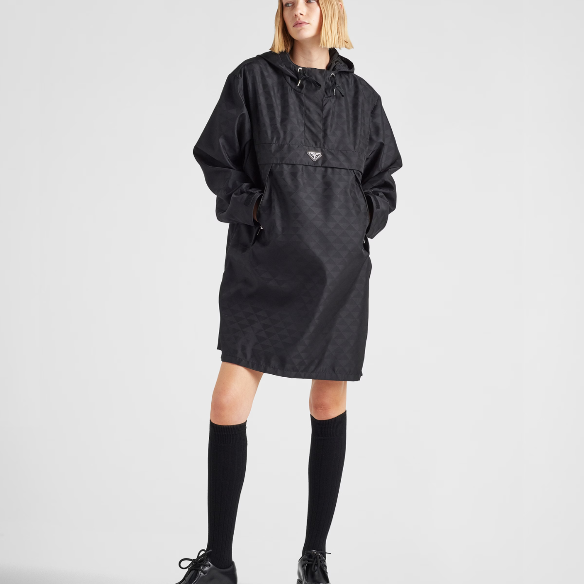 Printed Re-Nylon raincoat – loose fit Lined Hooded Long sleeves Cuff with hook-and-loop strap Button and zipper – LUX VERSE Luxury Designer Fashion Outlet