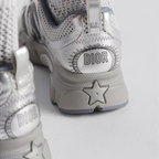 Chrono Sneaker Silver-Tone – pairing gray mesh with silver-tone laminated leather-effect panels, it is accented – LUX VERSE Luxury Designer Fashion Outlet