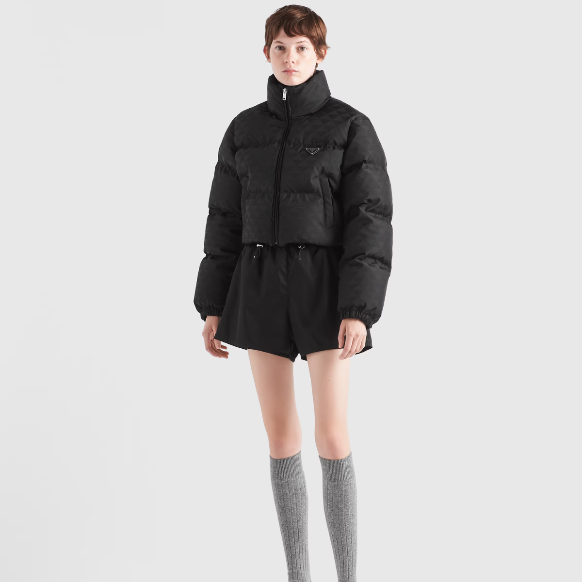 Printed nylon down jacket – symbole pattern Cropped fit Goose down filling Stand-up collar Long sleeves – LUX VERSE Luxury Designer Fashion Outlet