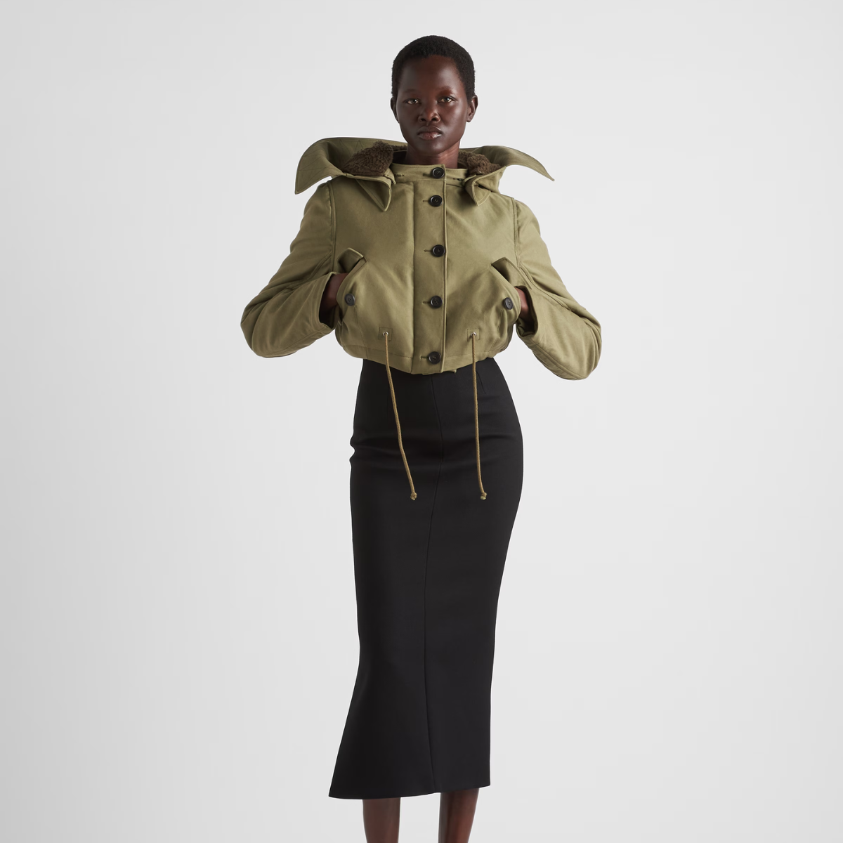 Cotton and satin jacket – the band collar is accented with a removable hood with wool fleece lining, while – LUX VERSE Luxury Designer Fashion Outlet