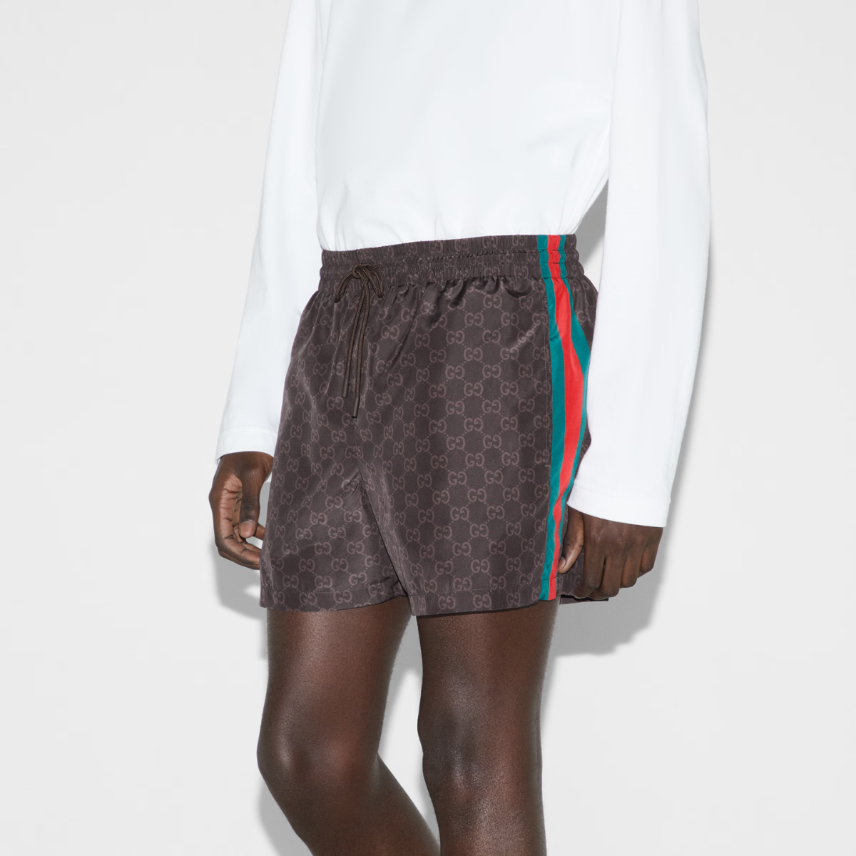 GG nylon swim short with Web – these shorts are made from a GG nylon and feature a green and red Web print – LUX VERSE Luxury Designer Fashion Outlet