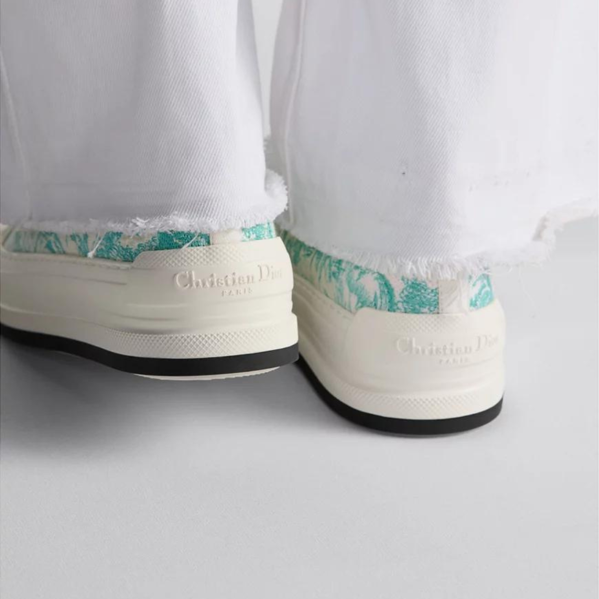 Walk'n'Platform Signature Motif Sneaker – the white cotton upper embroidered with the aquamarina Toile de Jouy Sauvage motif – LUX VERSE Luxury Designer Fashion Outlet