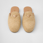 Crochet mules – enameled metal triangle logo Monoblock rubber sole, 05 mm, with hot-stamped logo – LUX VERSE Luxury Designer Fashion Outlet