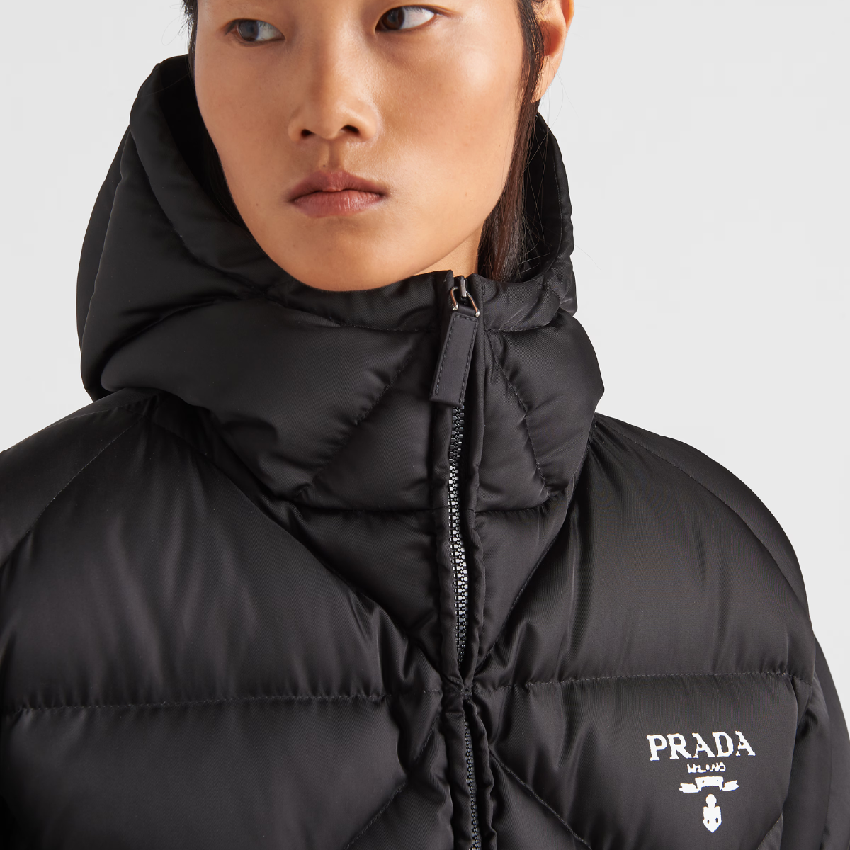 Oversized Re-Nylon Gabardine down jacket – medium-length down jacket Goose down padding Hooded collar Long sleeves Elasticized – LUX VERSE Luxury Designer Fashion Outlet