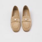 Suede loafers Ecru – upper with a suede band Enameled metal triangle logo Monoblock leather sole – LUX VERSE Luxury Designer Fashion Outlet