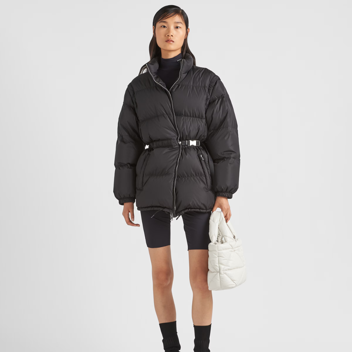 Light Re-Nylon puffer jacket – mid-length down jacket Goose down padding Stand-up collar Detachable sleeves – LUX VERSE Luxury Designer Fashion Outlet
