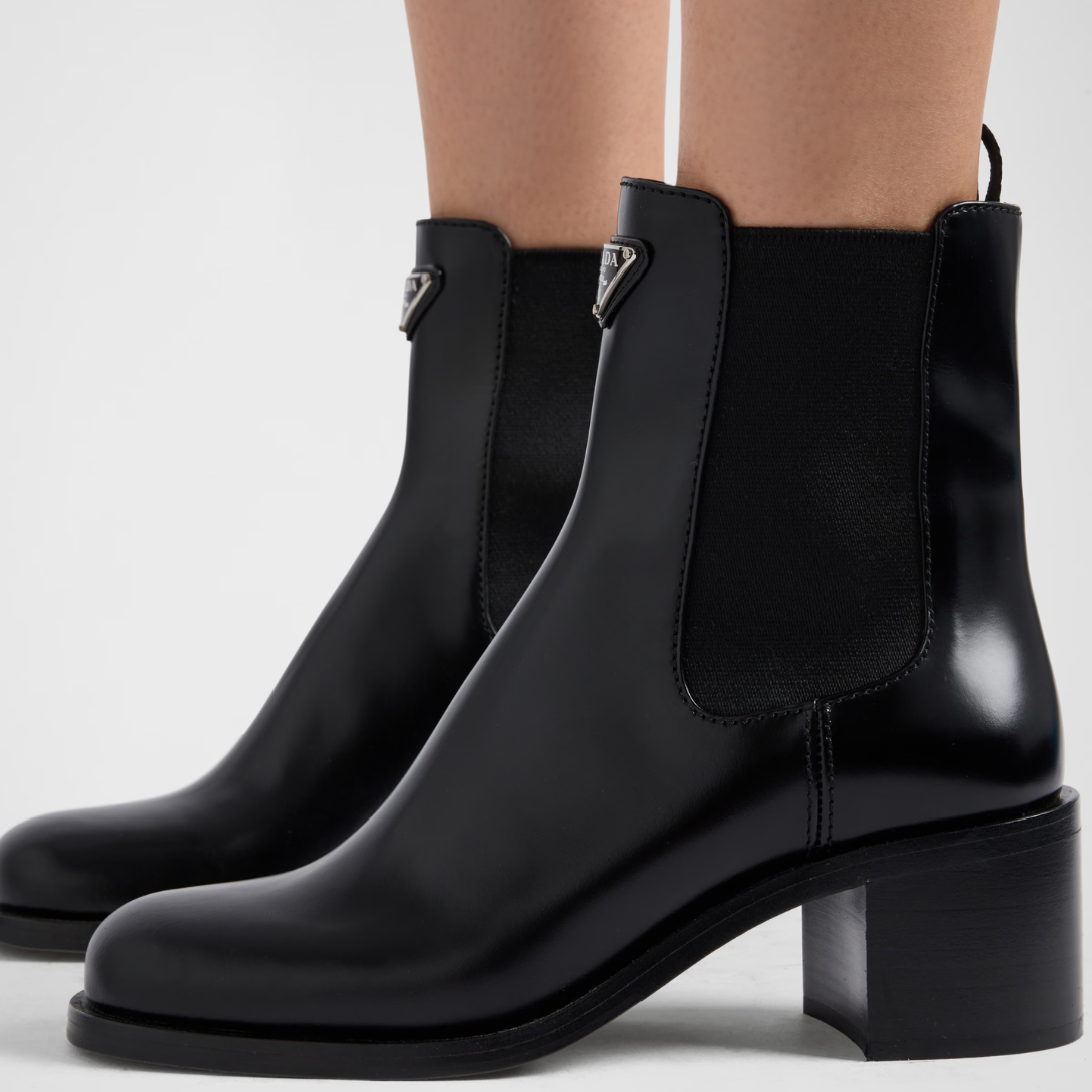 Brushed leather booties Black – the enameled metal triangle logo embellishes the style with its sleek, distinctive – LUX VERSE Luxury Designer Fashion Outlet