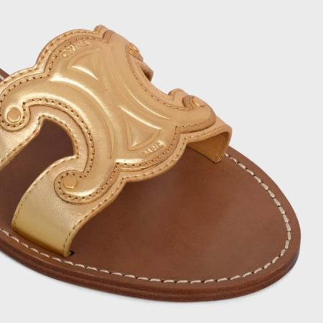 TRIOMPHE MULE in Metalized Calfskin – 100% Calfskin100% CALFSKIN LINING0.2 IN (5 MM) heelSTACKED LEATHER HEEL – LUX VERSE Luxury Designer Fashion Outlet