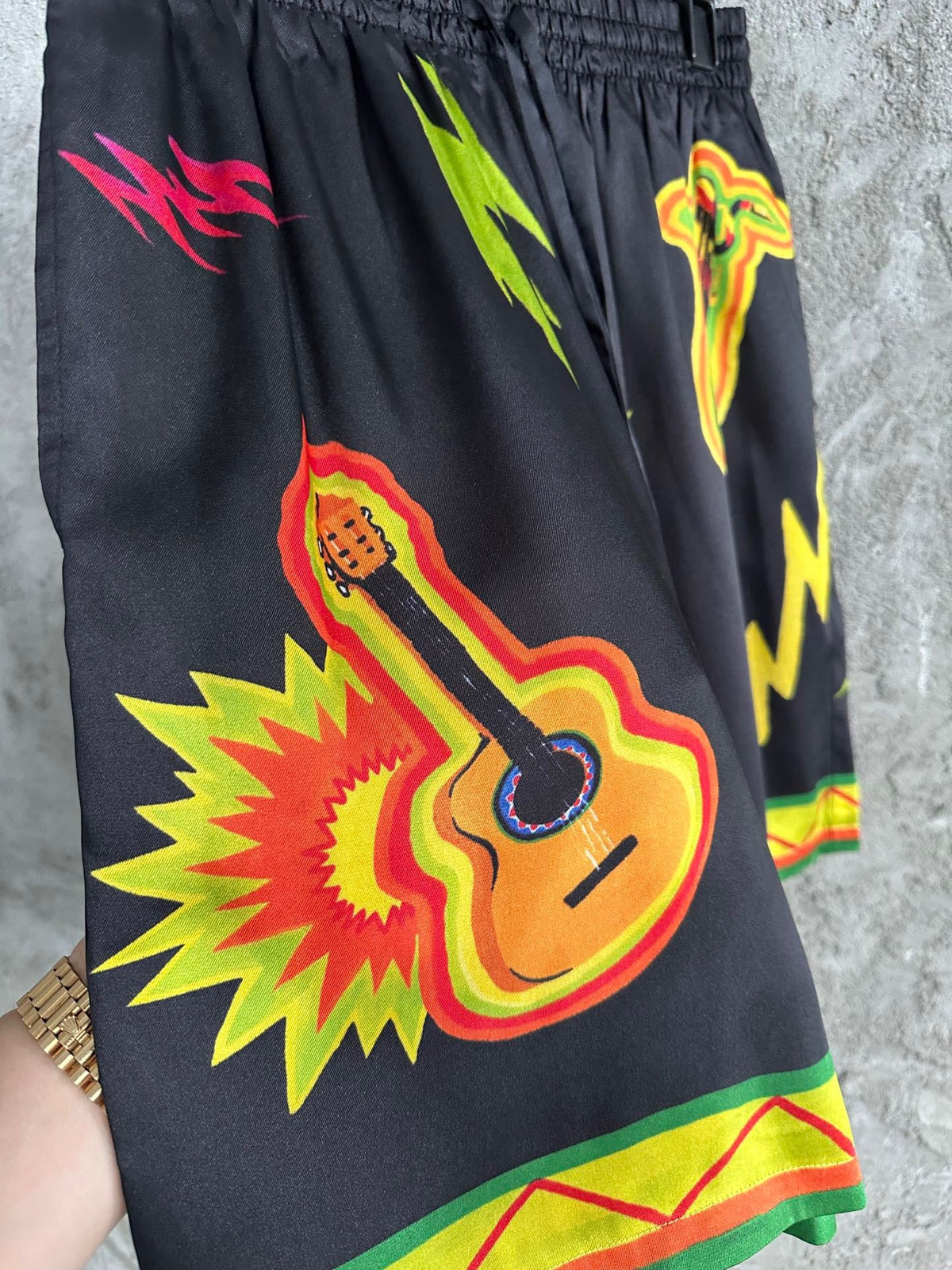Black Graphic Print Silk Shorts - Men's
