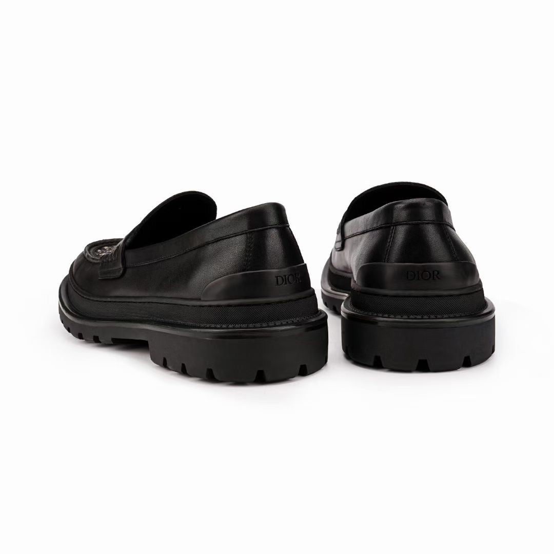 Black Leather Monogram Strap Loafer - Men's