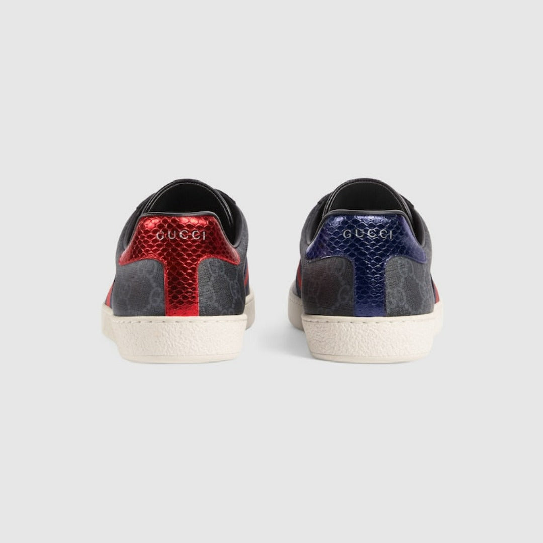 Men's Ace Gg Supreme Sneaker – black/grey GG Supreme canvas with blue leather detail on the heel of one shoe – LUX VERSE Luxury Designer Fashion Outlet